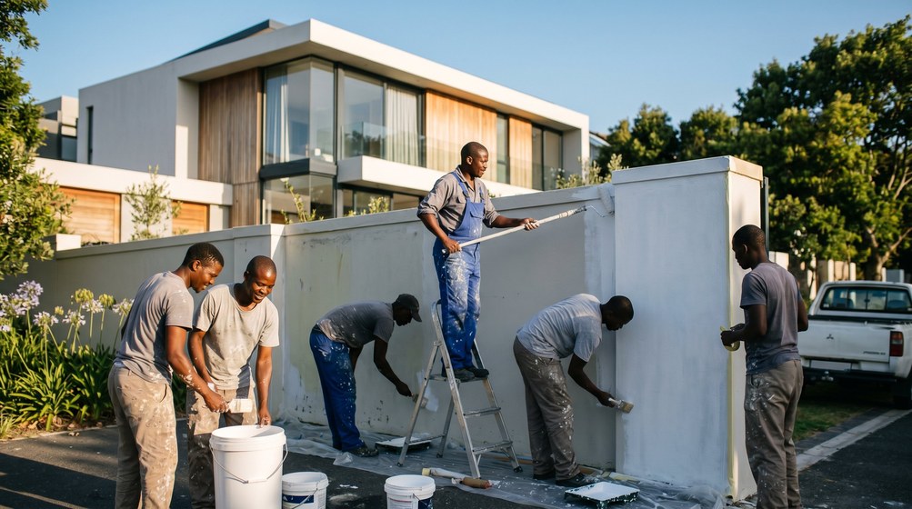 Professional team painting a boundary wall at a modern home in Durbanville