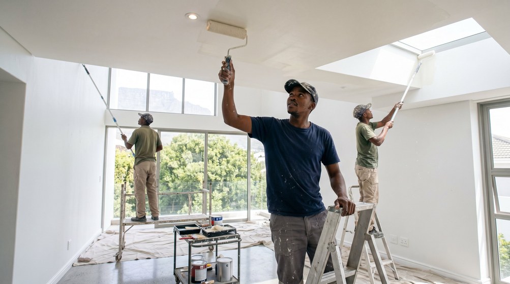 Professional ceiling painters rolling white paint onto a high ceiling in Durbanville