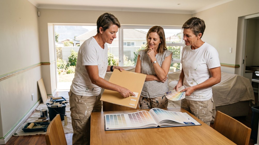 Professional colour consultant showing paint swatches to a homeowner in Durbanville
