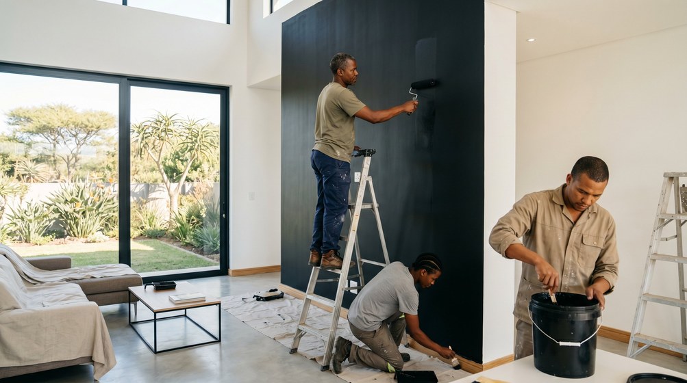 Professional painters creating a bold black feature wall in a modern Durbanville home