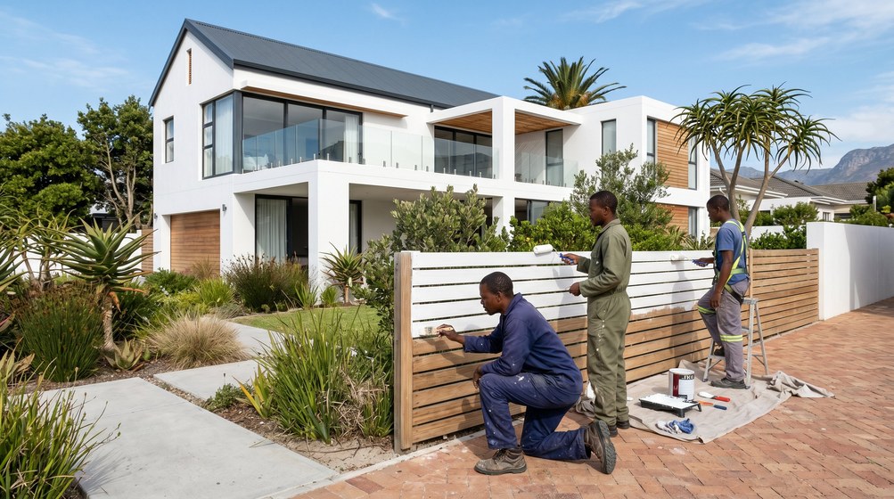 Professional fence painters painting a wooden fence at a coastal home in Durbanville