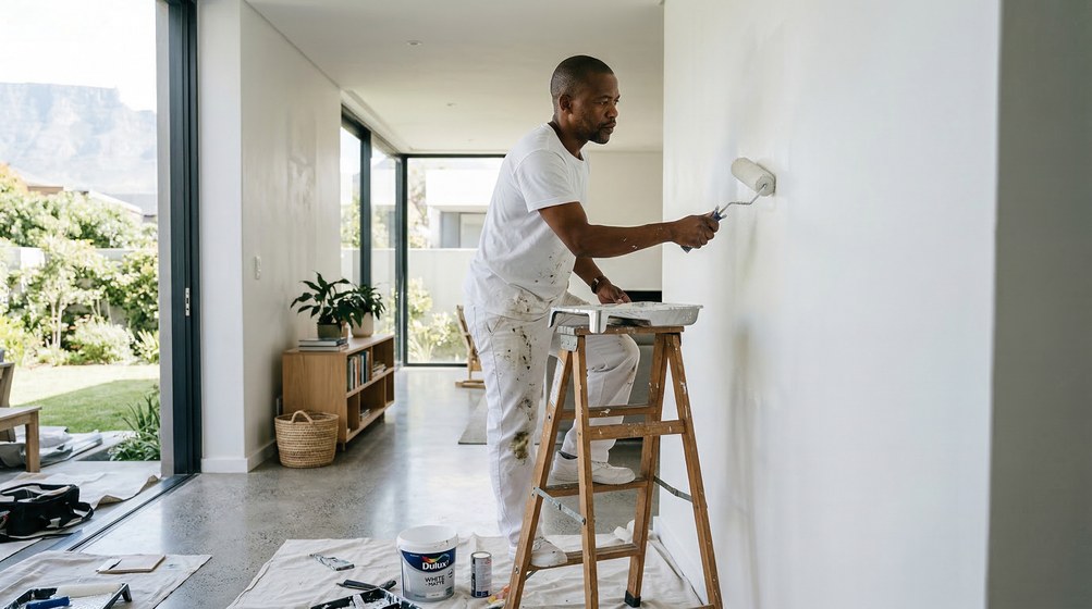 Professional interior painter in Durbanville painting walls with a roller