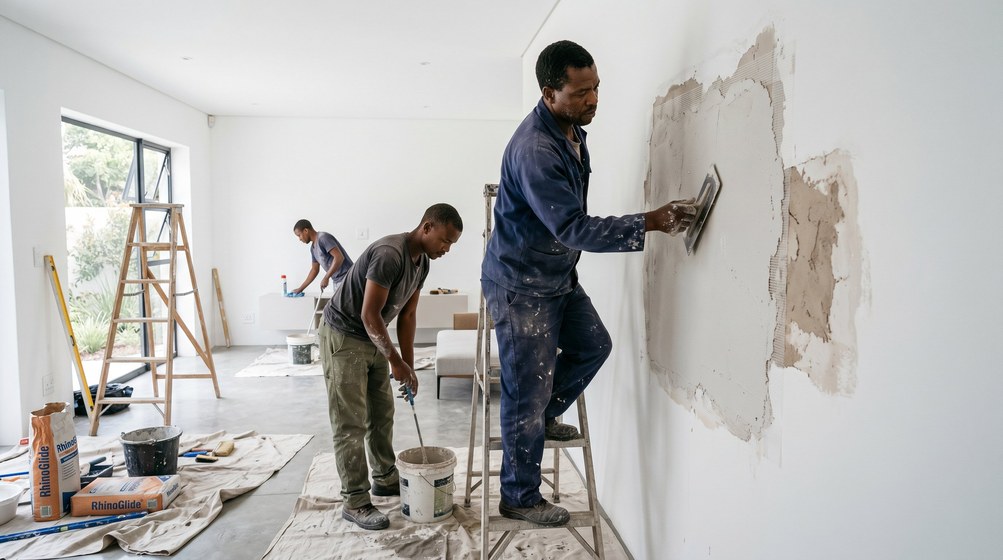 Professional plaster repair team skim coating damaged walls in Durbanville