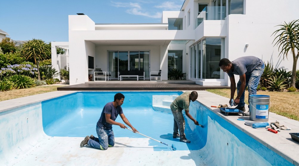 Professional pool painters applying blue pool paint to a swimming pool in Durbanville