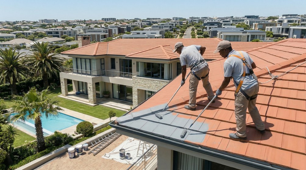 Professional roof painters applying waterproof coating to tiled roof in Durbanville