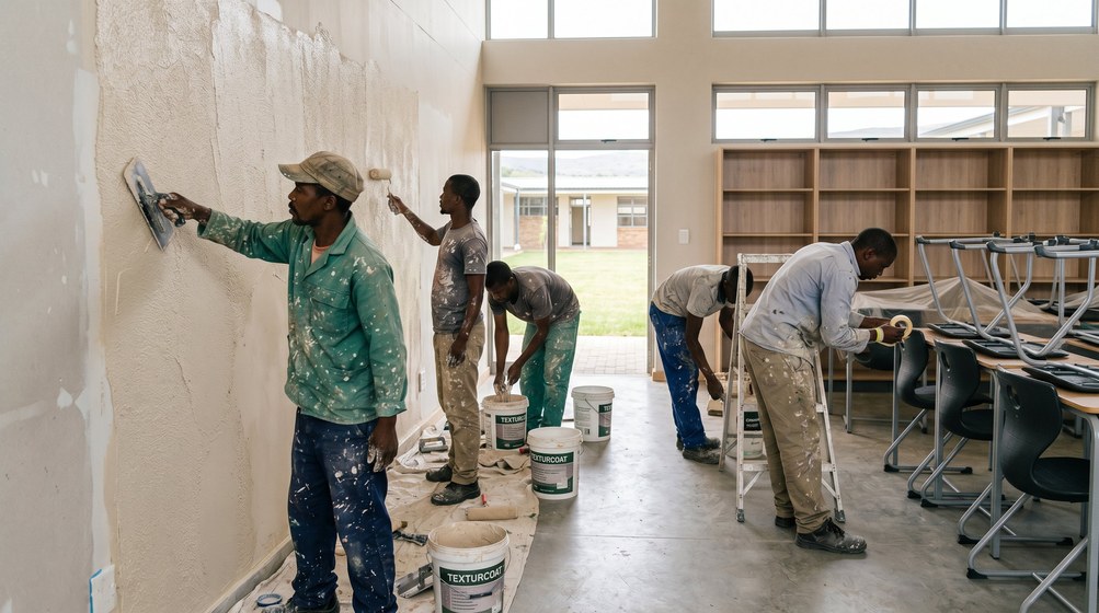 Professional texture coating team applying Texturcoat to interior walls in Durbanville