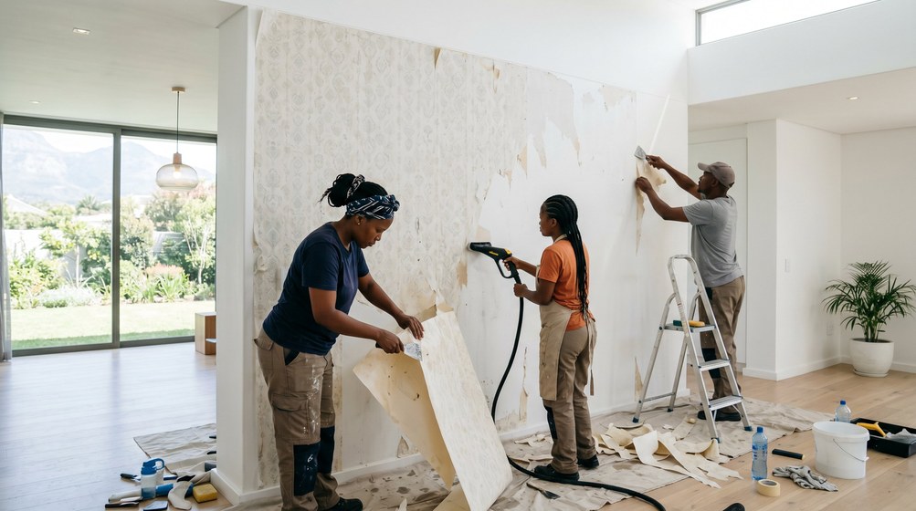 Professional wallpaper removal team stripping old wallpaper in a Durbanville home