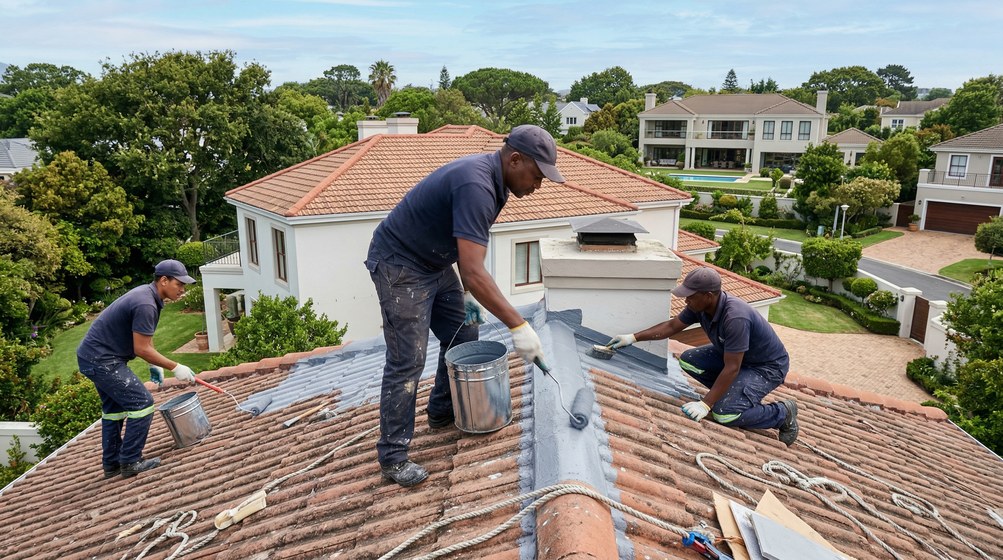Professional waterproofing team applying membrane to roof in Durbanville
