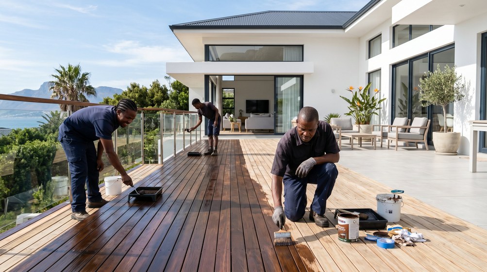 Professional wood staining team applying deck stain overlooking the ocean in Durbanville